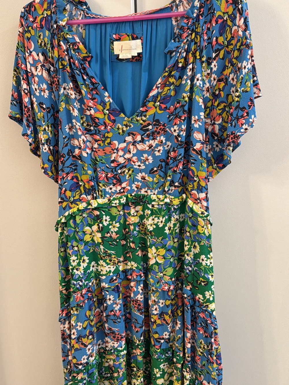 Anthropologie Blue & Green Floral V-Neck Maxi Dress